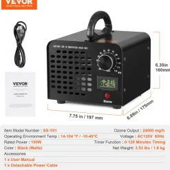 VEVOR Ozone Generator, 24000mg/h Ozone Machine Odor Remover, High Capacity Commercial/Industrial Ozone Generator Machine, Home Air Ionizers Deodorizer with 0-120 min Time Setting for Rooms, Cars, Pets