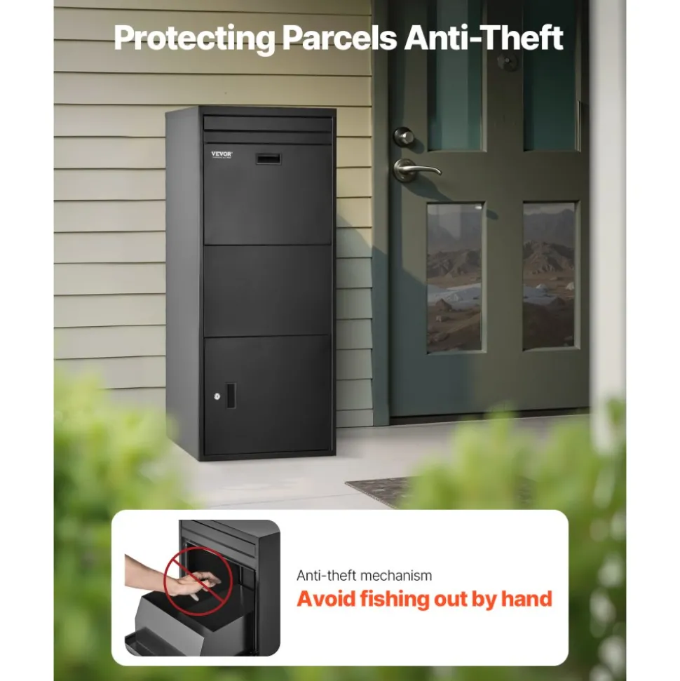 VEVOR Package Delivery Boxes for Outside, 47.2 in Mailbox for Parcel with Lock, Galvanized Steel Package Drop Box with Anti-Theft Design, Weather-Resistant Package Mailbox for Home and Office, Black