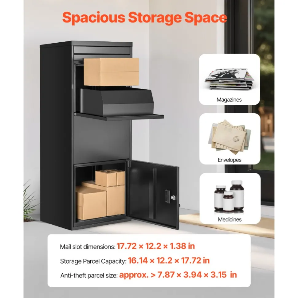 VEVOR Package Delivery Boxes for Outside, 47.2 in Mailbox for Parcel with Lock, Galvanized Steel Package Drop Box with Anti-Theft Design, Weather-Resistant Package Mailbox for Home and Office, Black