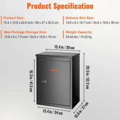 VEVOR Package Delivery Boxes for Outside 15.4" x 10.6" x 20.5", Galvanized Steel Wall Mount Mailbox with Coded Lock, Anti-Theft Baffle, IPX3 Waterproof Lockable Large Mail Box for Porch, Curbside