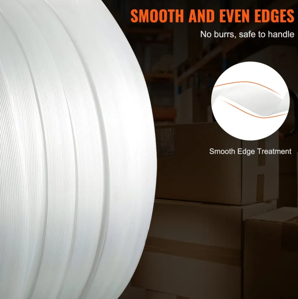 VEVOR Packaging Woven Cord Strapping Roll, 330' Length x 3/4" Width x 0.03" Thickness, 1763 lbs Break Strength, Heavy Duty Banding Pallet Strap Coil, Portable Strong Banding Packing Straps, White