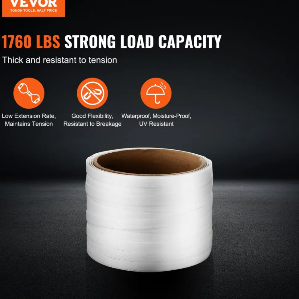 VEVOR Packaging Woven Cord Strapping Roll, 330' Length x 3/4" Width x 0.03" Thickness, 1763 lbs Break Strength, Heavy Duty Banding Pallet Strap Coil, Portable Strong Banding Packing Straps, White