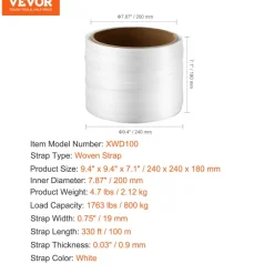 VEVOR Packaging Woven Cord Strapping Roll, 330' Length x 3/4