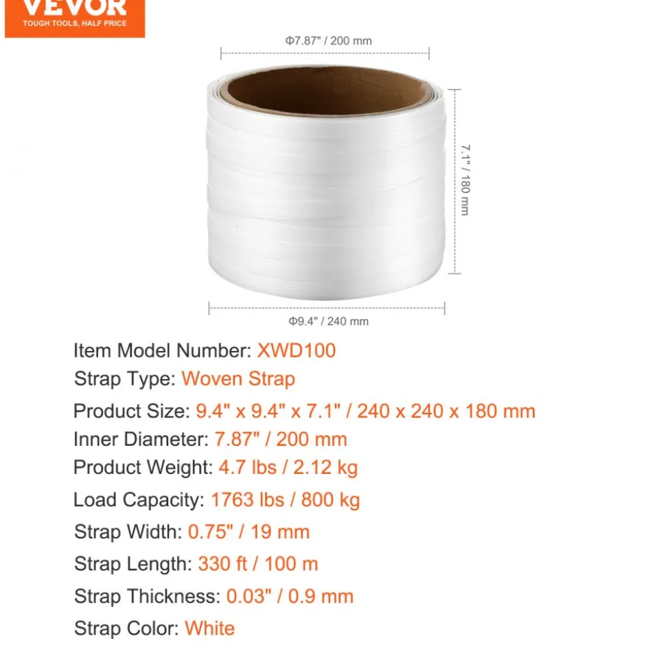 VEVOR Packaging Woven Cord Strapping Roll, 330' Length x 3/4" Width x 0.03" Thickness, 1763 lbs Break Strength, Heavy Duty Banding Pallet Strap Coil, Portable Strong Banding Packing Straps, White