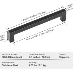 VEVOR 30 Pack Cabinet Pulls, 6.3 inch /160mm Center to Center Slim Square Kitchen Cabinet Drawer, Stainless Steel Modern Kitchen Cupboard Door Handles for Kitchen Bathroom Bar Hardware Matte Black