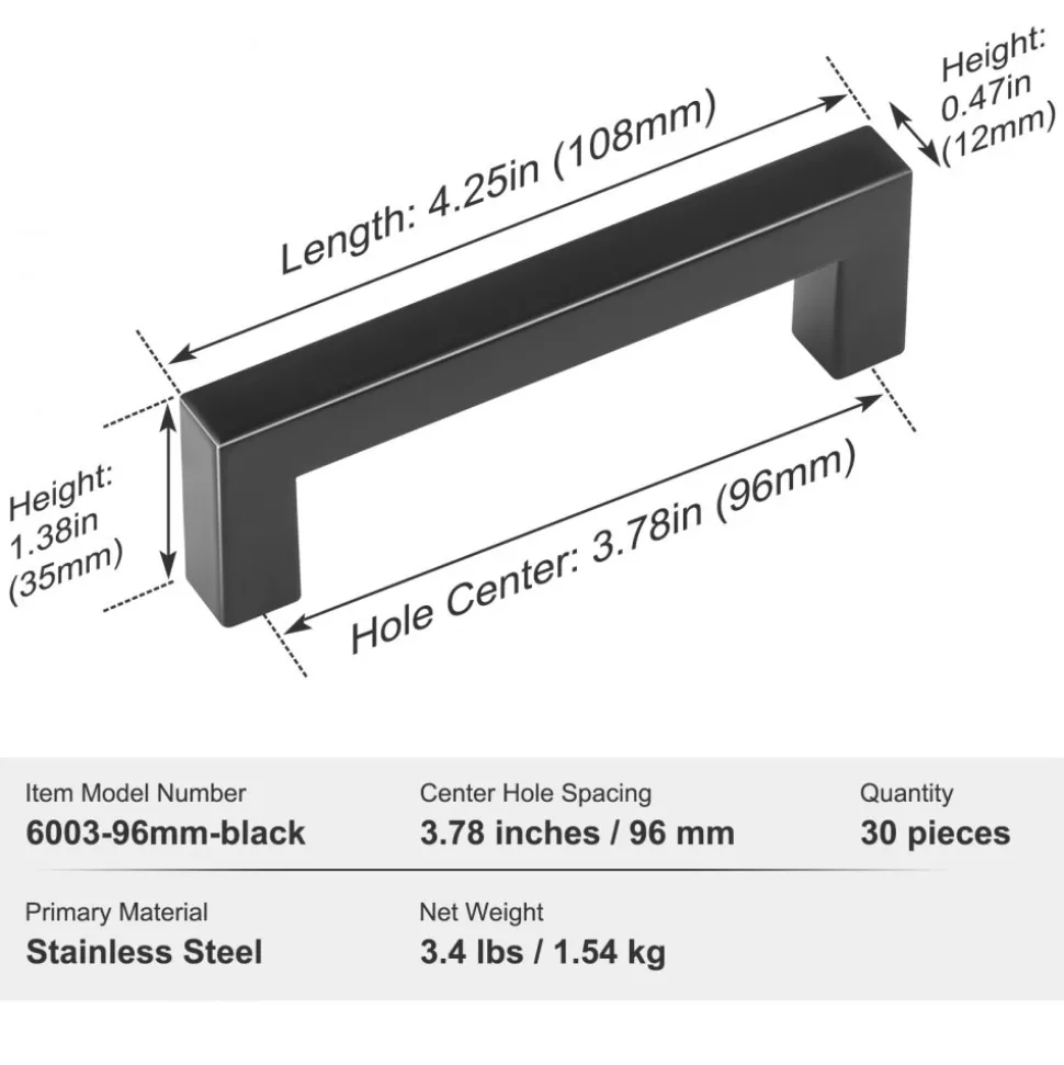 VEVOR 10 Pack Cabinet Pulls, 3in / 76mm Center to Center Slim Square Kitchen Cabinet Drawer, Stainless Steel Modern Kitchen Cupboard Door Handles for Kitchen Bathroom Bar Hardware Matte Black