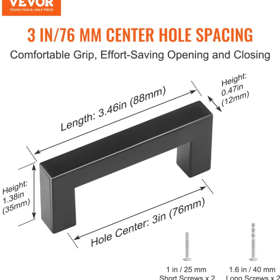 VEVOR 30 Pack Cabinet Pulls, 3in / 76mm Center to Center Slim Square Kitchen Cabinet Drawer, Stainless Steel Modern Kitchen Cupboard Door Handles for Kitchen Bathroom Bar Hardware Matte Black