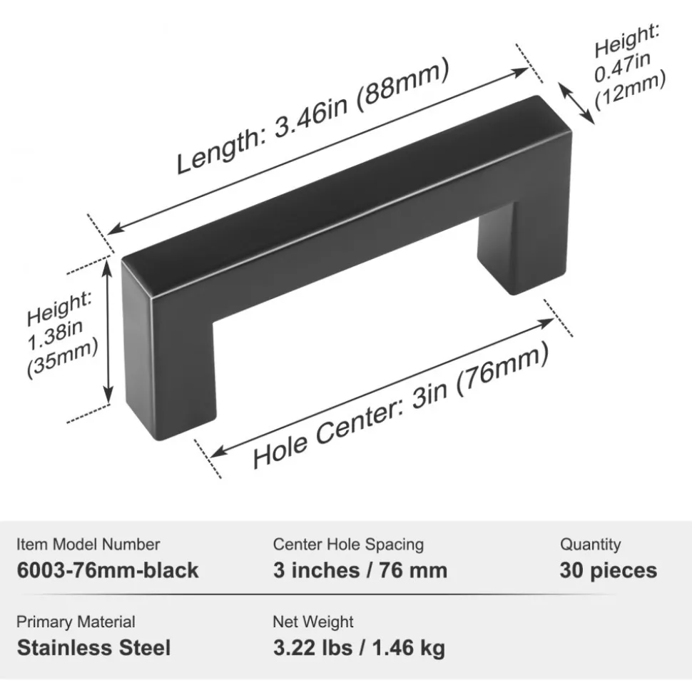 VEVOR 30 Pack Cabinet Pulls, 3in / 76mm Center to Center Slim Square Kitchen Cabinet Drawer, Stainless Steel Modern Kitchen Cupboard Door Handles for Kitchen Bathroom Bar Hardware Matte Black
