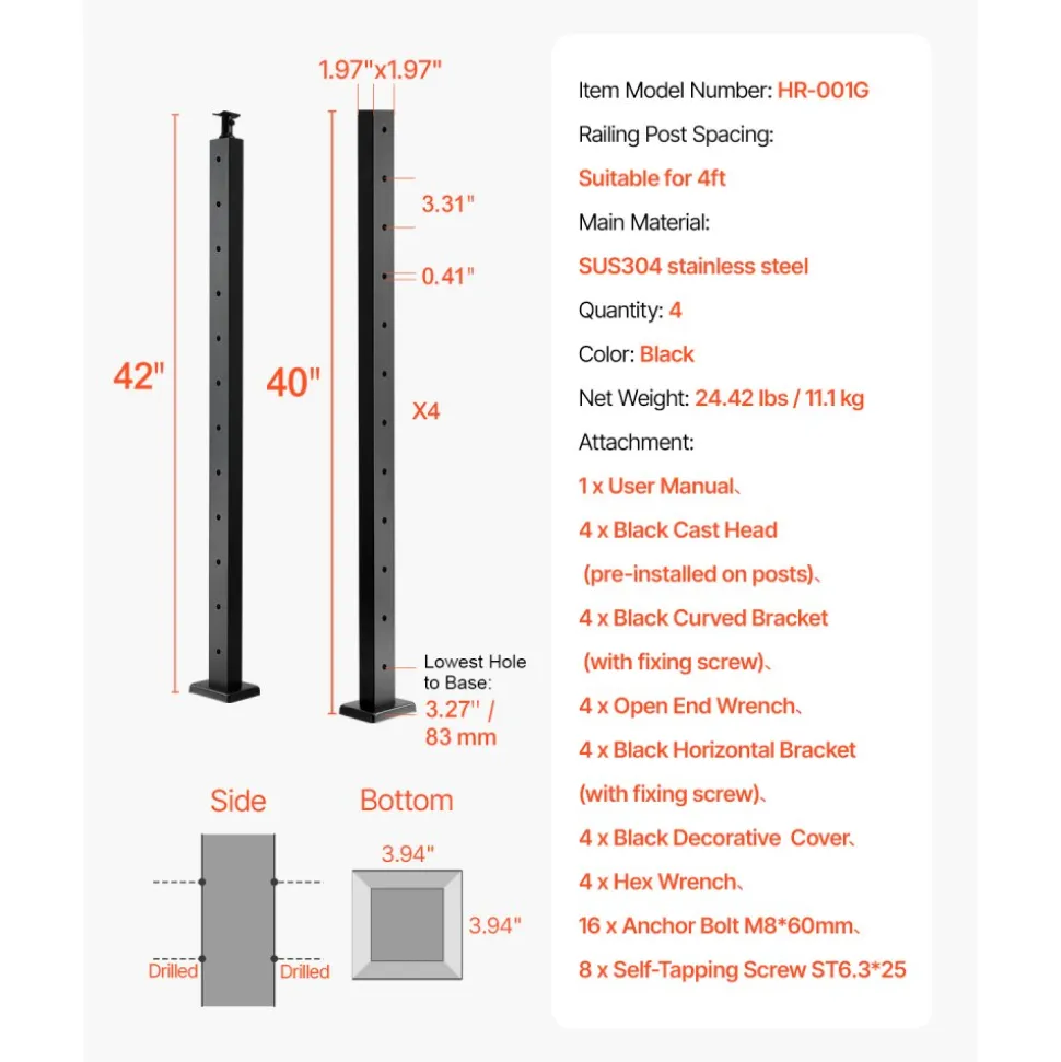 VEVOR 4-Pack Cable Railing Post, 42x2x2 In Horizontal-Hole Deck Railing Post with Pre-Drilled Holes, Stainless Steel Cable Rail Post with Horizontal and Curved Bracket, Black, 4JZLGZXHS106URZU0001V0