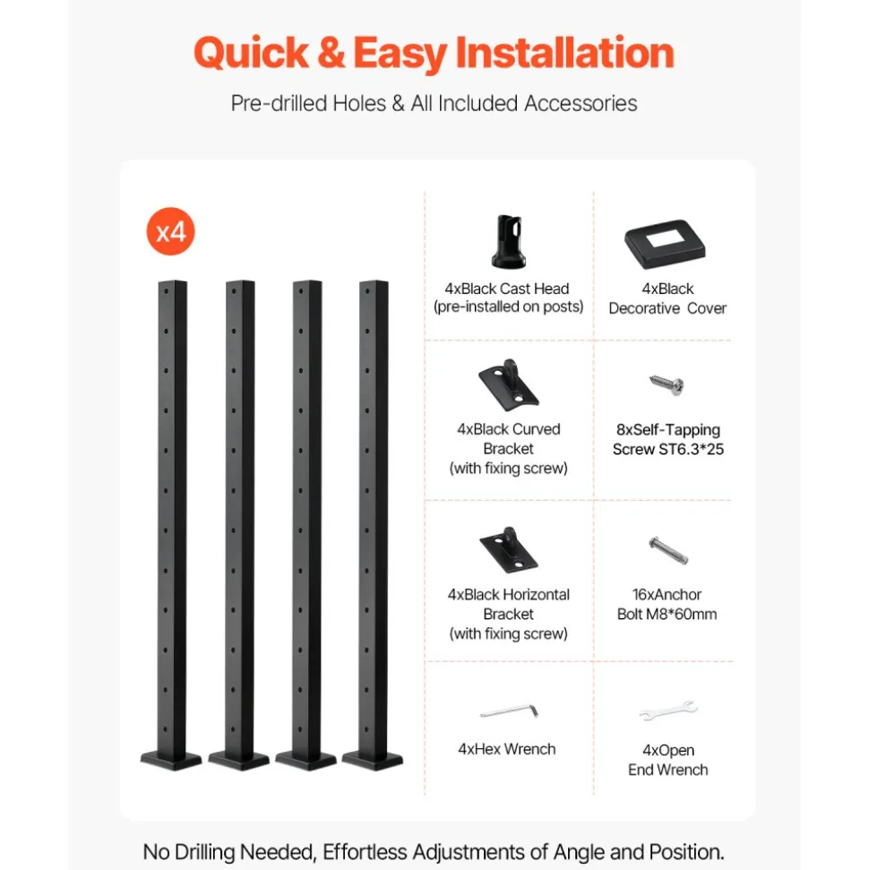 VEVOR 1-Pack Cable Railing Post, 36x2x2 In Horizontal-Hole Deck Railing Post with Pre-Drilled Holes, Stainless Steel Cable Rail Post with Horizontal and Curved Bracket, Silver, 1JZLGZXYS91466KZK001V0