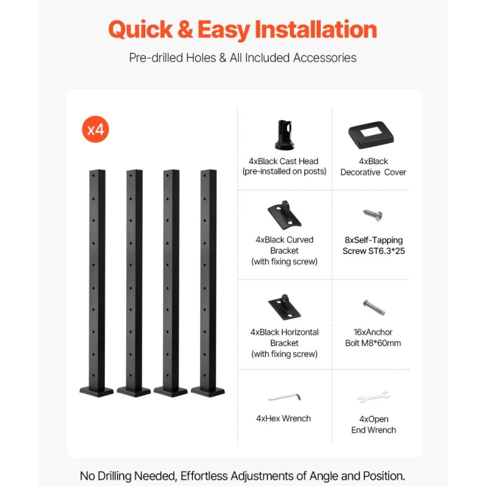 VEVOR 1-Pack Cable Railing Post, 36x2x2 In Horizontal-Hole Deck Railing Post with Pre-Drilled Holes, Stainless Steel Cable Rail Post with Horizontal and Curved Bracket, Black, 1JZLGZXHS9148RVYS001V0