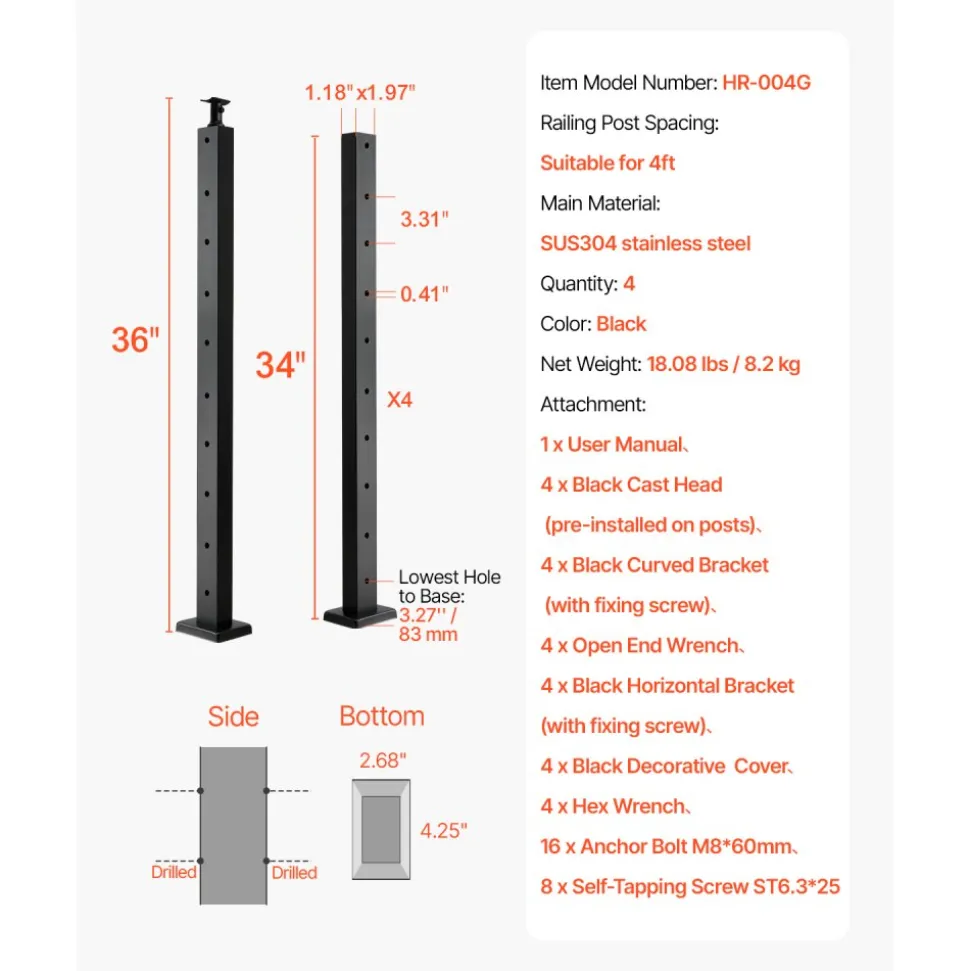 VEVOR 1-Pack Cable Railing Post, 36x2x2 In Horizontal-Hole Deck Railing Post with Pre-Drilled Holes, Stainless Steel Cable Rail Post with Horizontal and Curved Bracket, Black, 1JZLGZXHS9148RVYS001V0