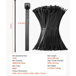 VEVOR 1000 Pack Cable Zip Ties, 12-inch Heavy Duty Cable Wire Ties with 50LBS High Tensile Strength, Multi-Purpose Self-Locking Nylon Tie Wraps, Heat & Cold Resistant for Indoor and Outdoor Use