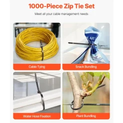 VEVOR 1000 Pack Cable Zip Ties, 8-inch Heavy Duty Cable Wire Ties with 45LBS High Tensile Strength, Multi-Purpose Self-Locking Nylon Tie Wraps, Heat & Cold Resistant for Indoor and Outdoor Use