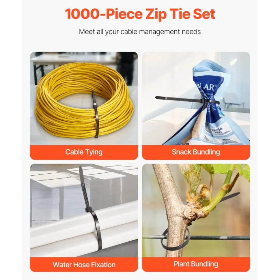 VEVOR 1000 Pack Cable Zip Ties, 8-inch Heavy Duty Cable Wire Ties with 45LBS High Tensile Strength, Multi-Purpose Self-Locking Nylon Tie Wraps, Heat & Cold Resistant for Indoor and Outdoor Use