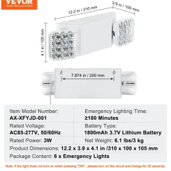 VEVOR 6 Pack Commercial Emergency Light, 3W, White LED Emergency Exit Lighting Fixtures with 180 Minutes Backup Battery Adjustable 2 LED Square Head, Ceiling or Wall Mount for Business Power Outages