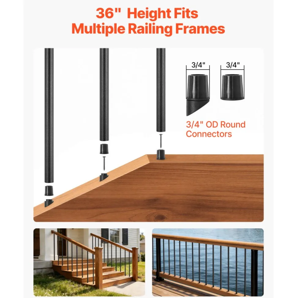 VEVOR 125 Pack Deck Balusters, 36 in Aluminum Railing Spindles, 3/4 in Diameter Hollow Round Metal Decking Stair Balusters with Connectors, Screws, for Deck, Porch & Staircase Railing Fence, Black