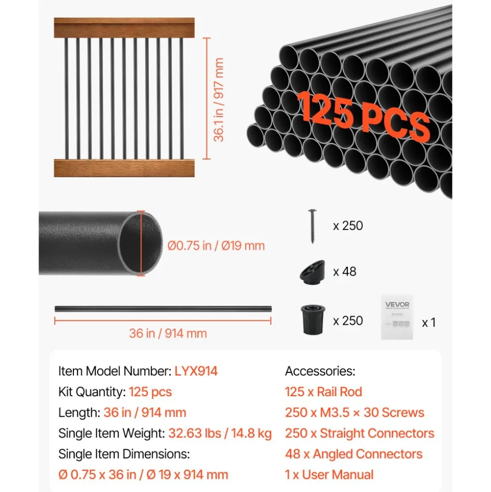 VEVOR 125 Pack Deck Balusters, 36 in Aluminum Railing Spindles, 3/4 in Diameter Hollow Round Metal Decking Stair Balusters with Connectors, Screws, for Deck, Porch & Staircase Railing Fence, Black
