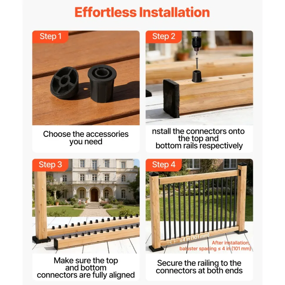 VEVOR 125 Pack Deck Balusters, 36 in Aluminum Railing Spindles, 3/4 in Diameter Hollow Round Metal Decking Stair Balusters with Connectors, Screws, for Deck, Porch & Staircase Railing Fence, Black