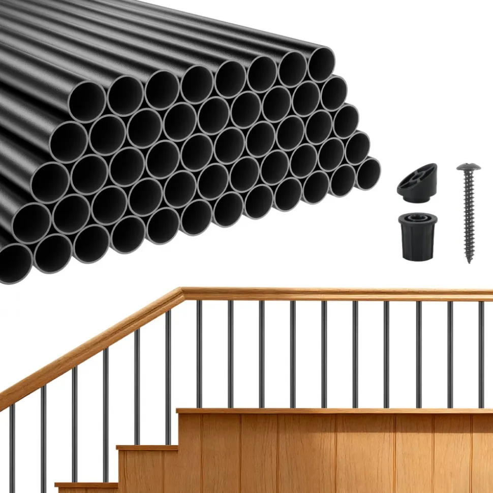 VEVOR 125 Pack Deck Balusters, 32 in Aluminum Railing Spindles, 3/4 in Diameter Hollow Round Metal Decking Stair Balusters with Connectors, Screws, for Deck, Porch & Staircase Railing Fence, Black