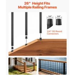 VEVOR 125 Pack Deck Balusters, 26 in Aluminum Railing Spindles, 3/4 in Diameter Hollow Round Metal Decking Stair Balusters with Connectors, Screws, for Deck, Porch & Staircase Railing Fence, Black