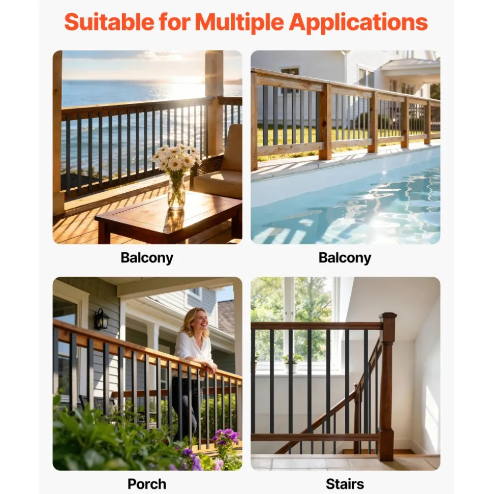 VEVOR 61 Pack Deck Balusters, 32.28 in Galvanized Steel Railing Spindles, Hollow Rectangle Metal Decking Stair Balusters with Pre-Drilled Hole, End Caps, Screws, for Deck, Porch & Stair Railing, Black