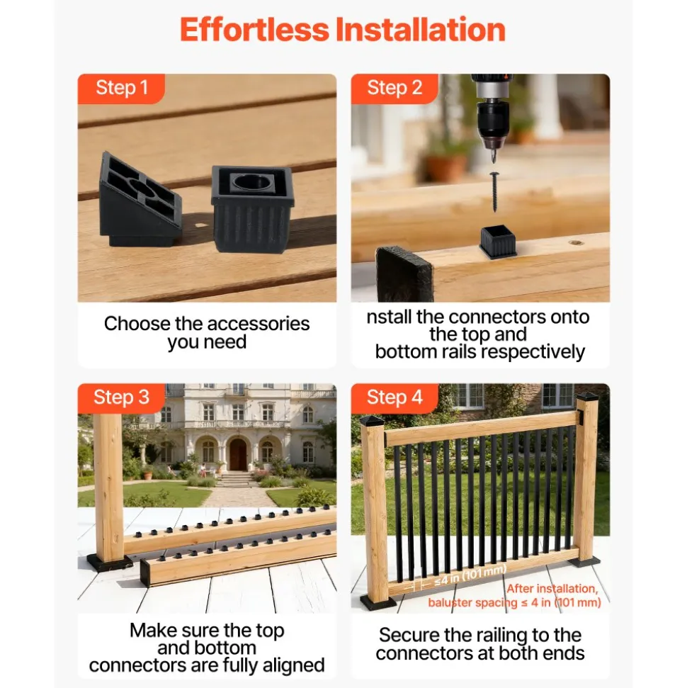 VEVOR 125 Pack Deck Balusters, 3/4 in Square x 26 in Long Aluminum Railing Spindles, Hollow Metal Decking Stair Balusters with Connectors, Screws, for Deck, Porch & Staircase Railing Fence, Black