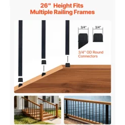 VEVOR 125 Pack Deck Balusters, 3/4 in Square x 26 in Long Aluminum Railing Spindles, Hollow Metal Decking Stair Balusters with Connectors, Screws, for Deck, Porch & Staircase Railing Fence, Black