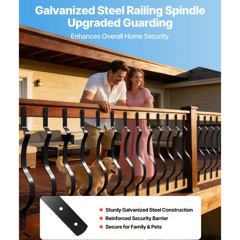 VEVOR 61 Pack Deck Balusters, 32.28 x 1 in Metal Railing Spindles, Galvanized Steel Decking Stair Balusters with Screws, Stylish Wavy Design for Outdoor Deck, Porch & Staircase Railing Fence, Black