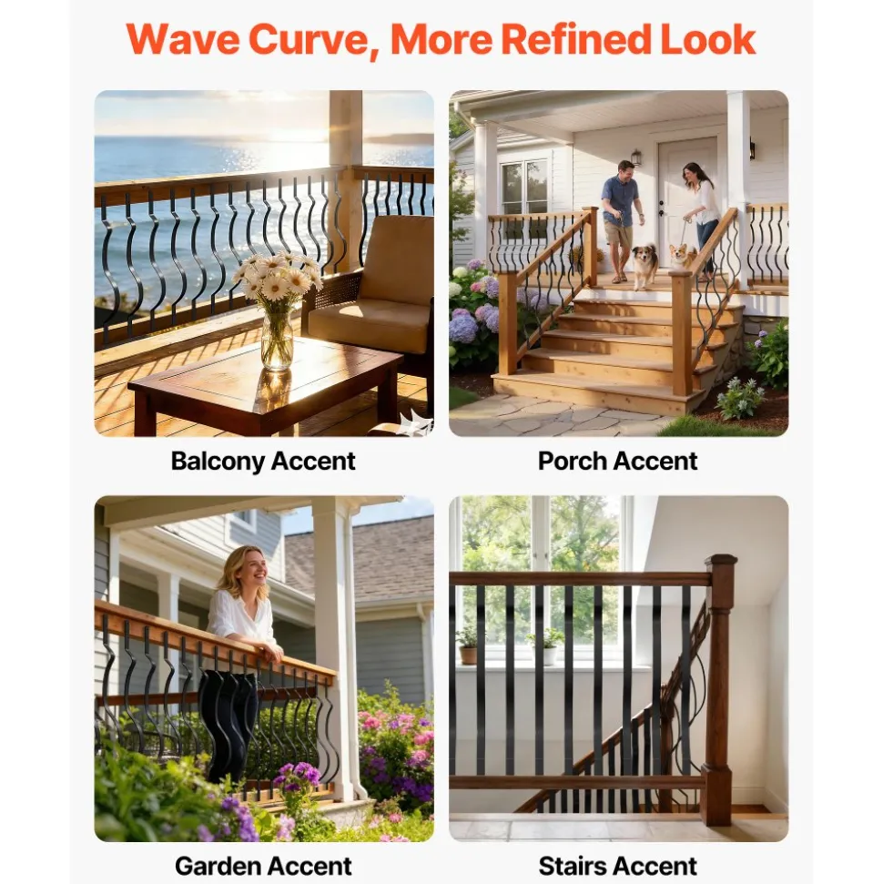 VEVOR 61 Pack Deck Balusters, 32.28 x 1 in Metal Railing Spindles, Galvanized Steel Decking Stair Balusters with Screws, Stylish Wavy Design for Outdoor Deck, Porch & Staircase Railing Fence, Black