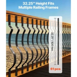 VEVOR 61 Pack Deck Balusters, 32.28 x 1 in Metal Railing Spindles, Galvanized Steel Decking Stair Balusters with Screws, Stylish Wavy Design for Outdoor Deck, Porch & Staircase Railing Fence, Black