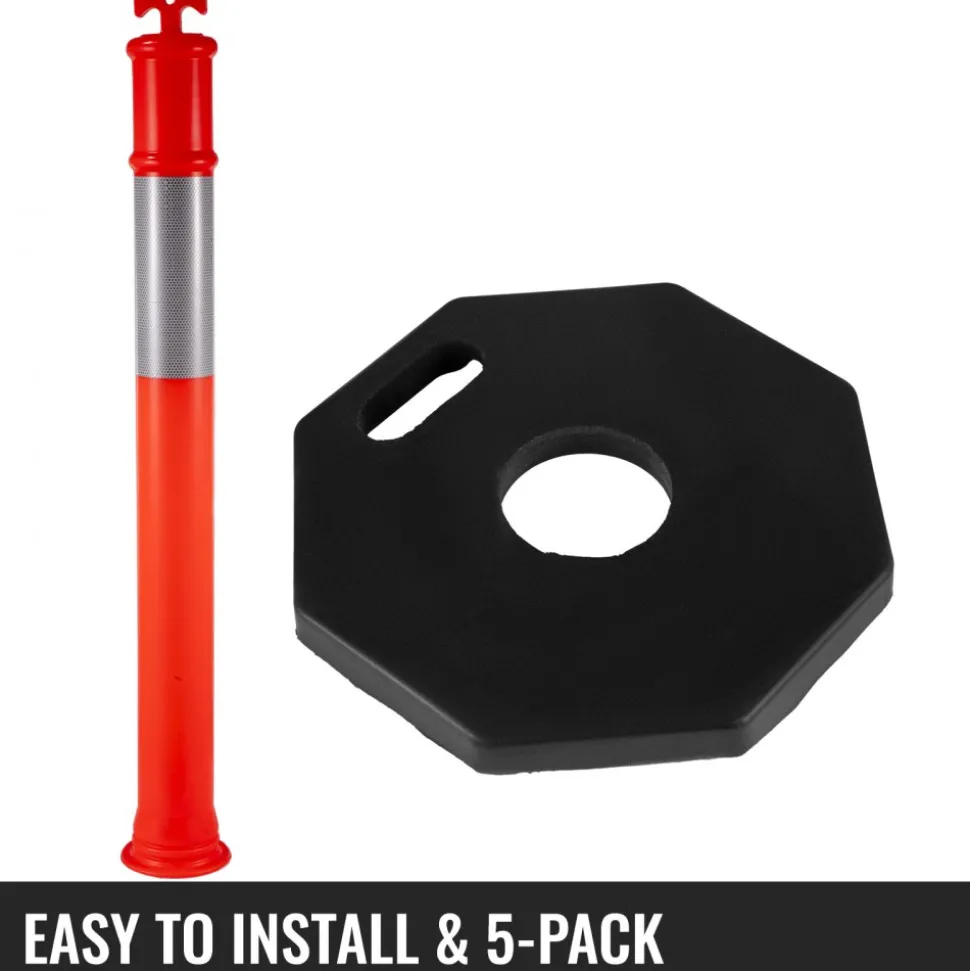 VEVOR 5Pack Delineator Posts 44 Inch Height, Orange PE Delineator Post Kit 10 inch Reflective Band, Traffic Delineator Posts with Rubber Base 16 inch for Construction Sites, Facility Management etc.
