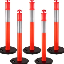 VEVOR 5Pack Delineator Posts 44 Inch Height, Orange PE Delineator Post Kit 10 inch Reflective Band, Traffic Delineator Posts with Rubber Base 16 inch for Construction Sites, Facility Management etc.