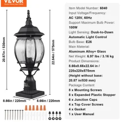 VEVOR 2 Pack Dusk to Dawn Outdoor Post Light, 20.87 in, Waterproof Lamp Post Light Fixtures with 5.5 in Pier Mount Base Glass Shade, Lightning-proof Exterior Pole Column Light for Patio Garden Pathway