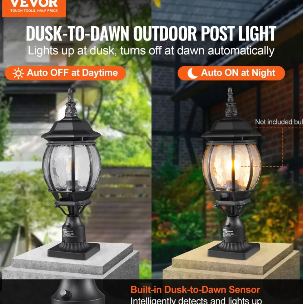 VEVOR 2 Pack Dusk to Dawn Outdoor Post Light, 20.87 in, Waterproof Lamp Post Light Fixtures with 5.5 in Pier Mount Base Glass Shade, Lightning-proof Exterior Pole Column Light for Patio Garden Pathway