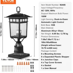 VEVOR 2 Pack Dusk to Dawn Outdoor Post Light, 15.35 in, Waterproof Lamp Post Light Fixtures with 3.5 in Pier Mount Base Glass Shade, Lightning-proof Exterior Pole Column Light for Patio Garden Pathway