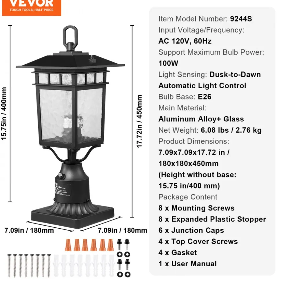 VEVOR 2 Pack Dusk to Dawn Outdoor Post Light, 15.35 in, Waterproof Lamp Post Light Fixtures with 3.5 in Pier Mount Base Glass Shade, Lightning-proof Exterior Pole Column Light for Patio Garden Pathway