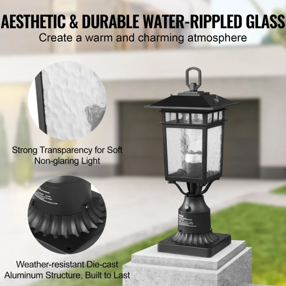 VEVOR 2 Pack Dusk to Dawn Outdoor Post Light, 15.35 in, Waterproof Lamp Post Light Fixtures with 3.5 in Pier Mount Base Glass Shade, Lightning-proof Exterior Pole Column Light for Patio Garden Pathway