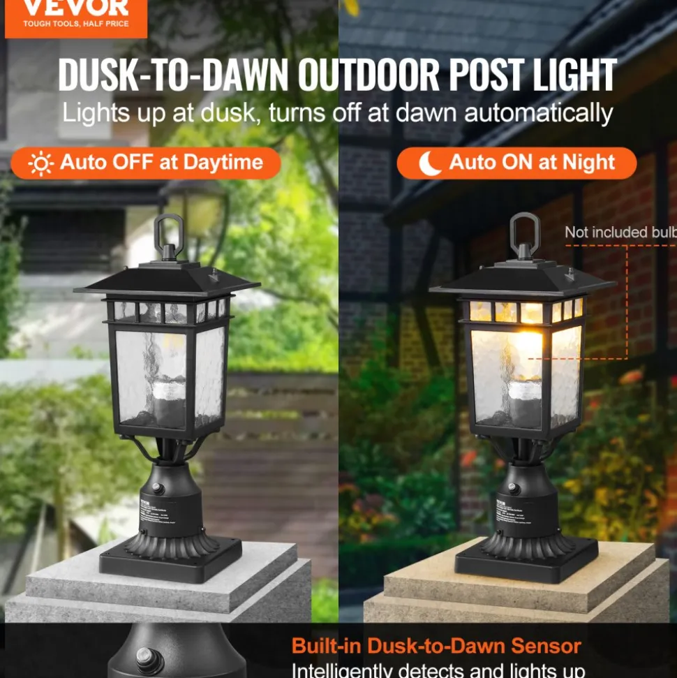 VEVOR 2 Pack Dusk to Dawn Outdoor Post Light, 15.35 in, Waterproof Lamp Post Light Fixtures with 3.5 in Pier Mount Base Glass Shade, Lightning-proof Exterior Pole Column Light for Patio Garden Pathway
