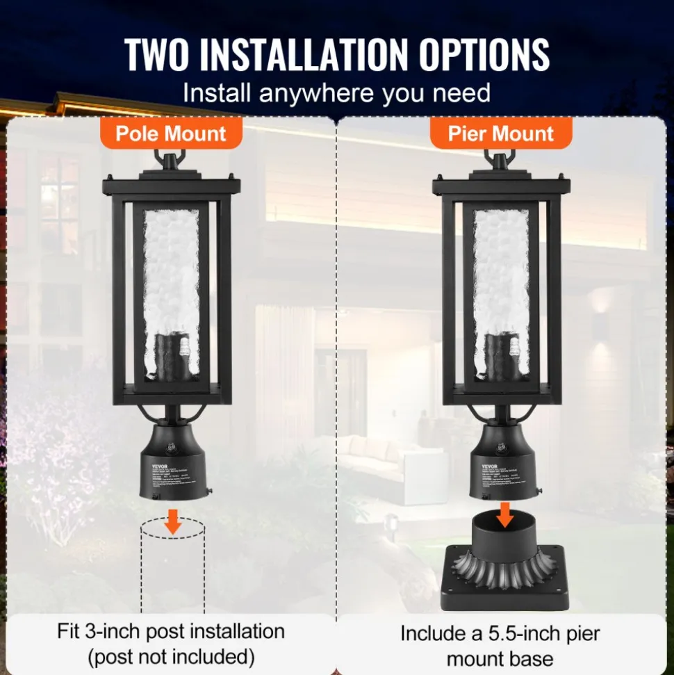 VEVOR 2 Pack Dusk to Dawn Outdoor Post Light, 17.72 in, Waterproof Lamp Post Light Fixtures with 3.5 in Pier Mount Base Glass Shade, Lightning-proof Exterior Pole Column Light for Patio Garden Pathway