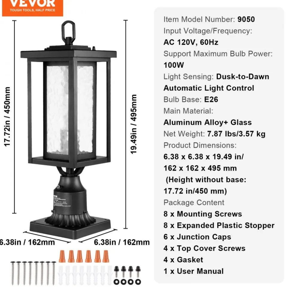 VEVOR 2 Pack Dusk to Dawn Outdoor Post Light, 17.72 in, Waterproof Lamp Post Light Fixtures with 3.5 in Pier Mount Base Glass Shade, Lightning-proof Exterior Pole Column Light for Patio Garden Pathway