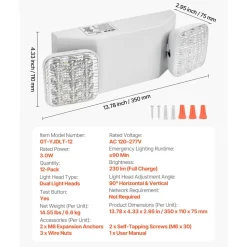 VEVOR 12 Pack Emergency Lights for Business, with Battery Backup, Commercial LED Emergency Exit Lighting Fixtures, AC 120/277V, with Two Square Head Adjustable, 90-Minute Backup, for Business, White