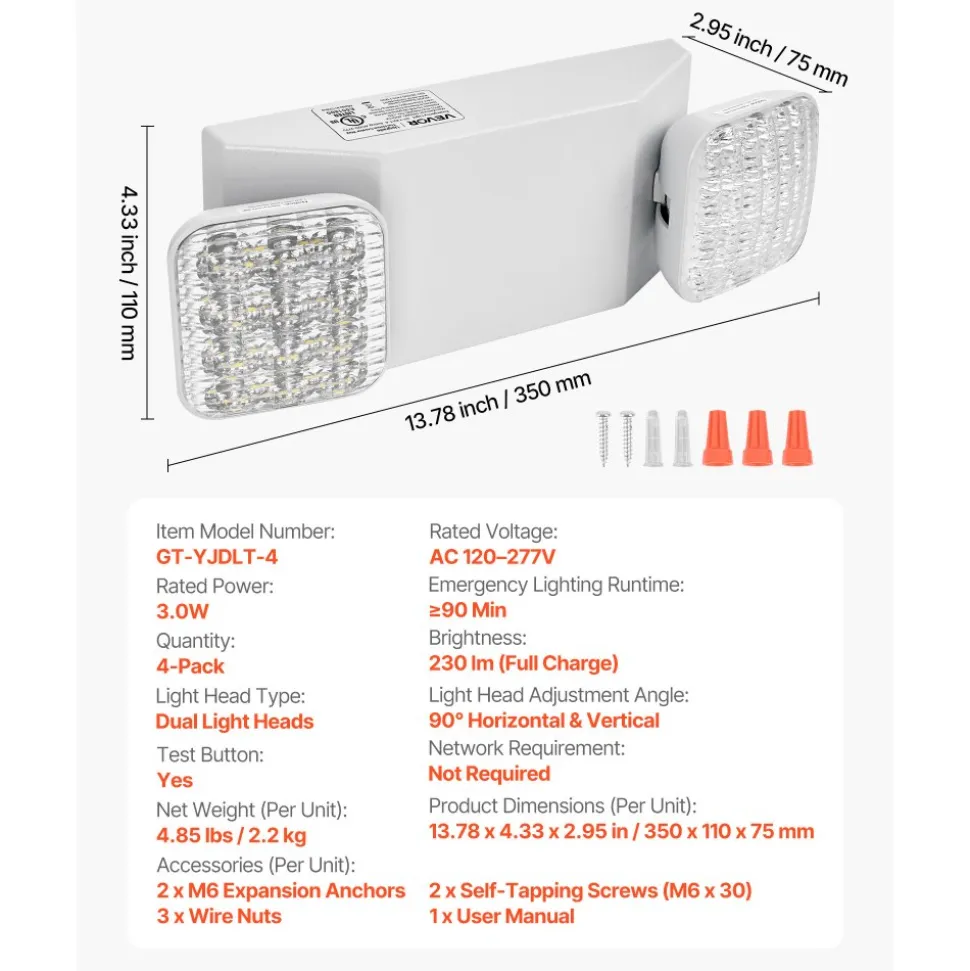 VEVOR 6 Pack Emergency Lights for Business, with Battery Backup, Commercial LED Emergency Exit Lighting Fixtures, AC 120/277V, with Two Square Head Adjustable, 90-Minute Backup, for Business, White
