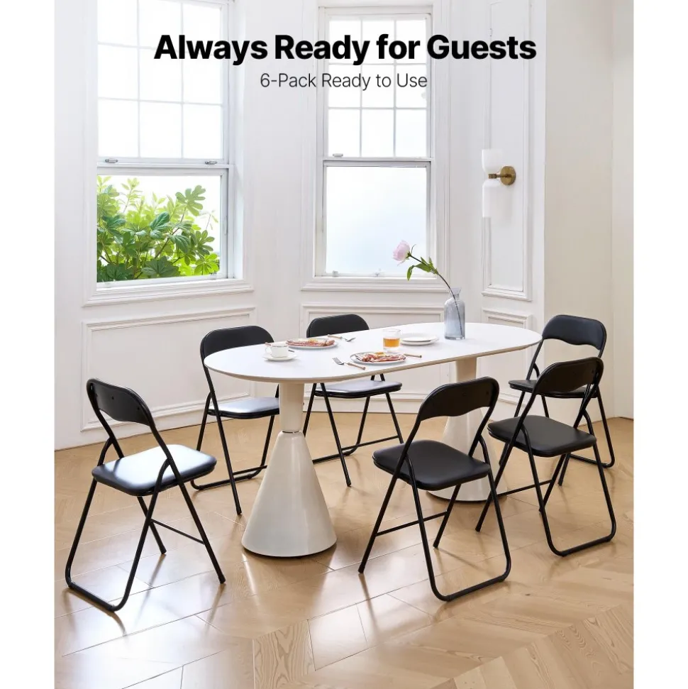 VEVOR 6 Pack Folding Chairs, Foldable Leather Chairs with Heavy Duty Metal Frame & Padded Cushion, Portable Folding Card Table Chairs, Stackable Seats for Home, Yard, Garden, Parties, Events, Black