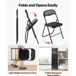 VEVOR 6 Pack Folding Chairs, Foldable Leather Chairs with Heavy Duty Metal Frame & Padded Cushion, Portable Folding Card Table Chairs, Stackable Seats for Home, Yard, Garden, Parties, Events, Black
