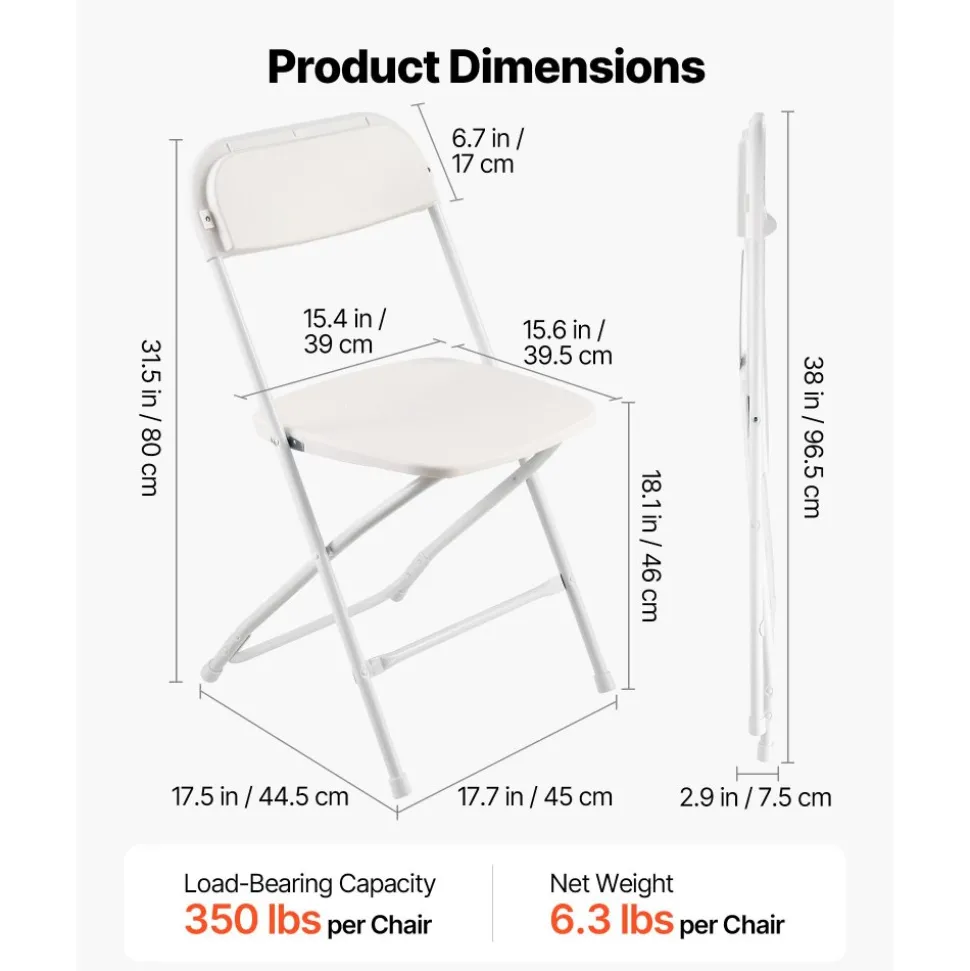 VEVOR 4 Pack Folding Chairs, Foldable Plastic Chairs with Heavy Duty Metal Frame, Portable Folding Card Table Chairs, Stackable Indoor Outdoor Seats for Home, Yard, Garden, Parties, Events, White