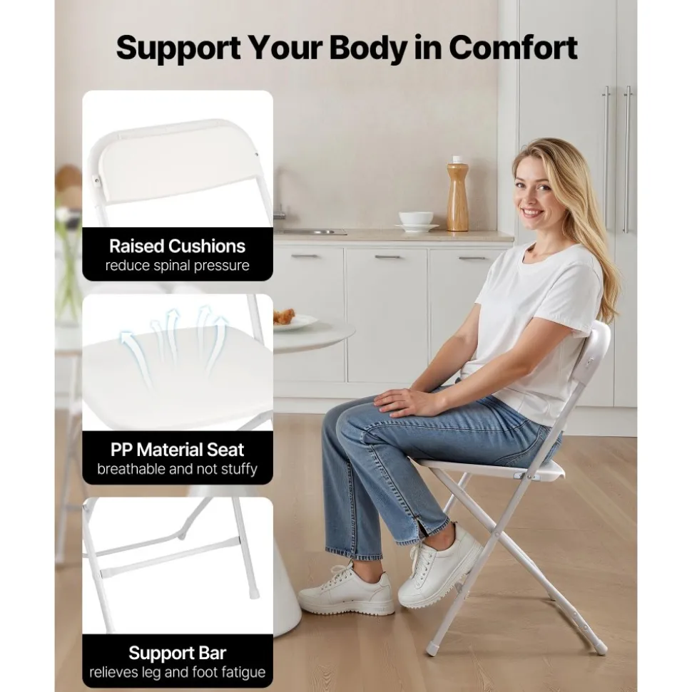VEVOR 4 Pack Folding Chairs, Foldable Plastic Chairs with Heavy Duty Metal Frame, Portable Folding Card Table Chairs, Stackable Indoor Outdoor Seats for Home, Yard, Garden, Parties, Events, White