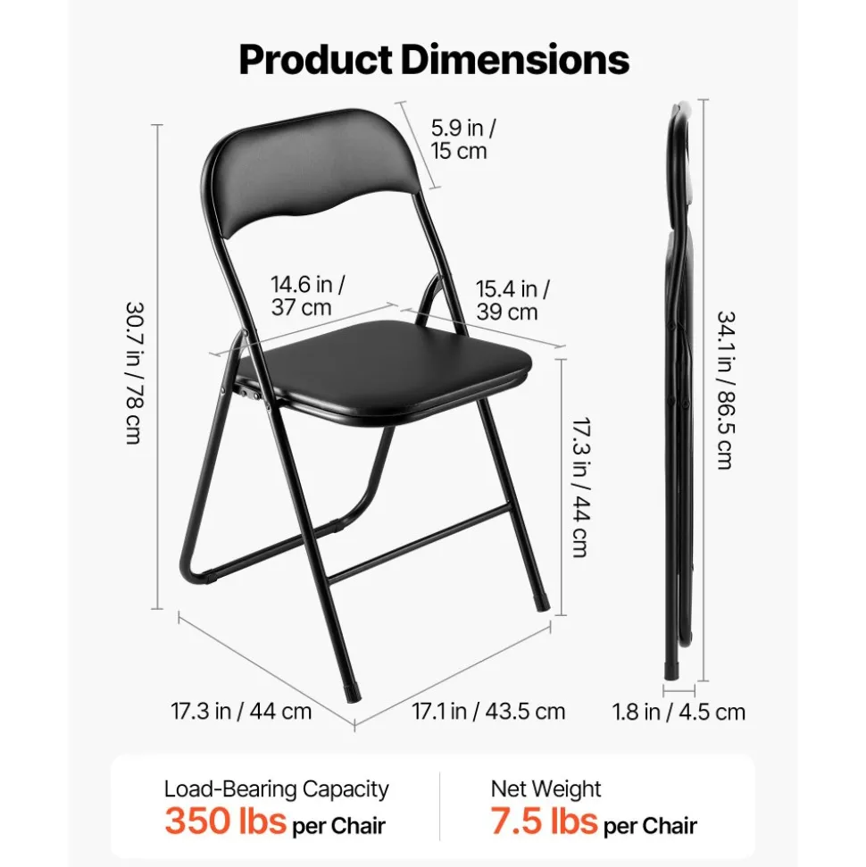 VEVOR 4 Pack Folding Chairs, Foldable Leather Chairs with Heavy Duty Metal Frame & Padded Cushion, Portable Folding Card Table Chairs, Stackable Seats for Home, Yard, Garden, Parties, Events, Black