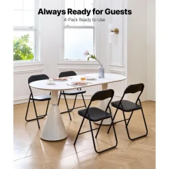 VEVOR 4 Pack Folding Chairs, Foldable Leather Chairs with Heavy Duty Metal Frame & Padded Cushion, Portable Folding Card Table Chairs, Stackable Seats for Home, Yard, Garden, Parties, Events, Black