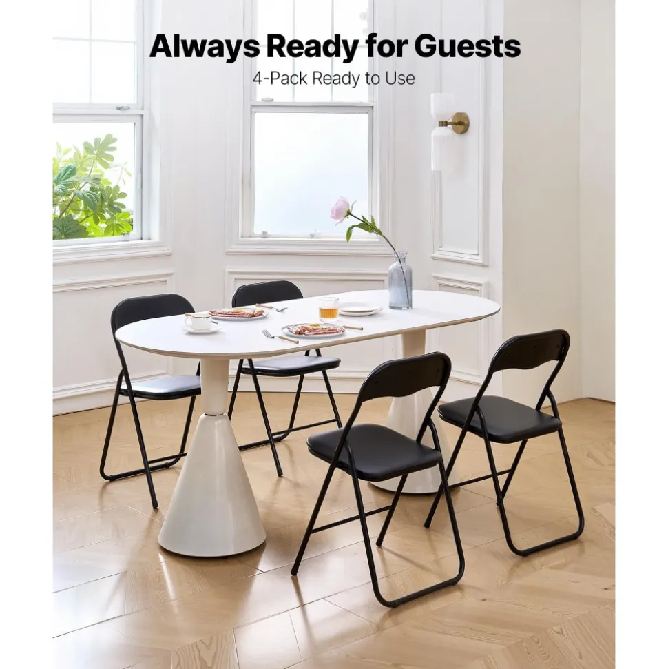 VEVOR 4 Pack Folding Chairs, Foldable Leather Chairs with Heavy Duty Metal Frame & Padded Cushion, Portable Folding Card Table Chairs, Stackable Seats for Home, Yard, Garden, Parties, Events, Black